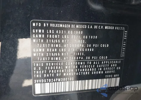 2023 Volkswagen Taos 1.5T S из США, поврежденный, VIN 3VVDX7B24PM380103